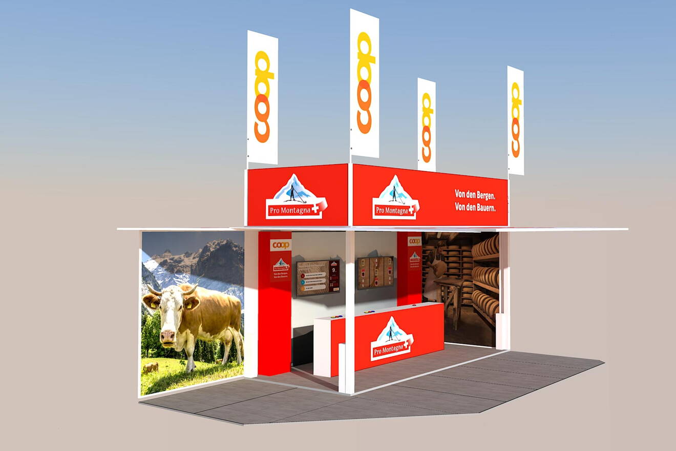 Konzept Event-Trailer Der Roadshow Anhänger für Coop hat unterschiedliche Ausbau-Möglichkeiten, welche je nach Platzverhältnisse angepasst werden können.